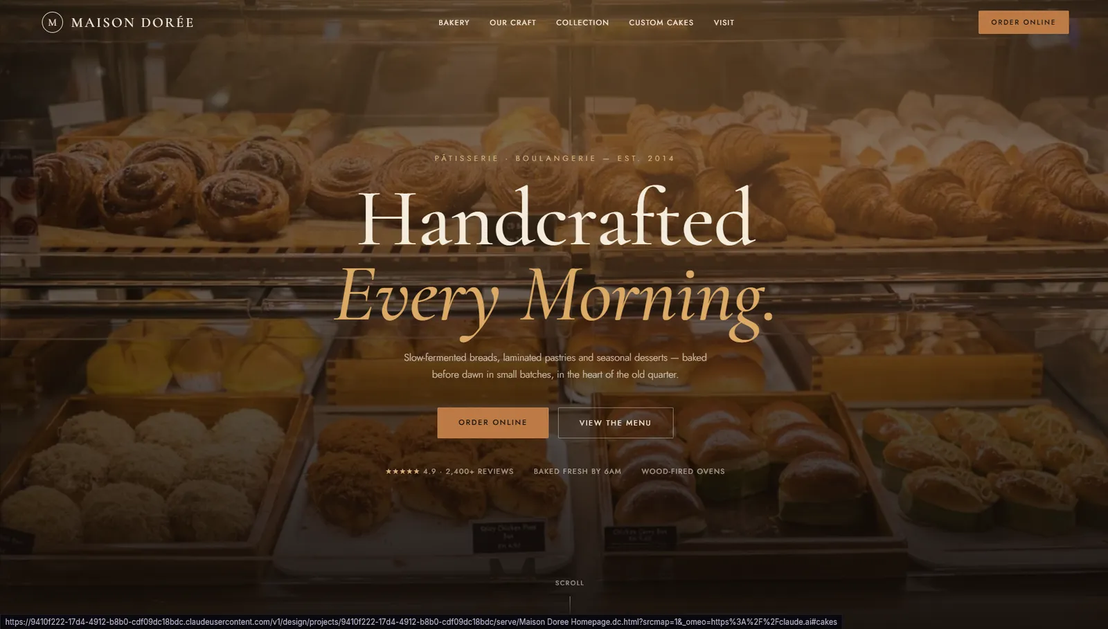 Maison Dorée homepage hero — 'Handcrafted Every Morning'