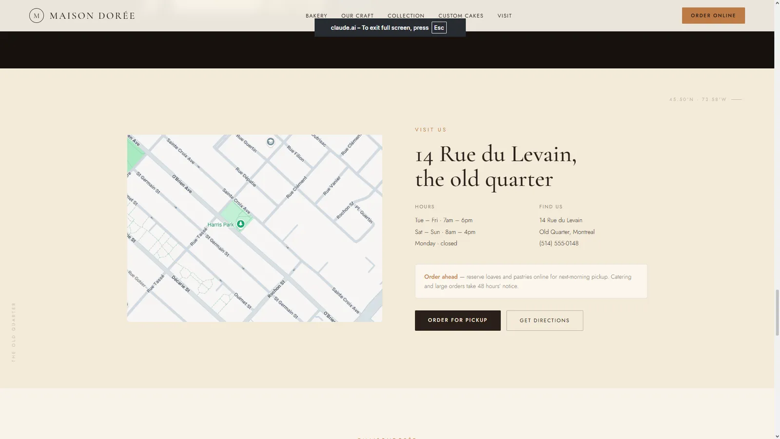 Maison Dorée website section