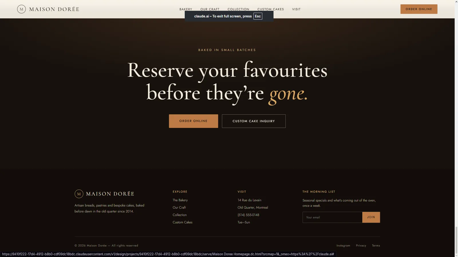 Maison Dorée — 'Reserve your favourites' ordering CTA and footer