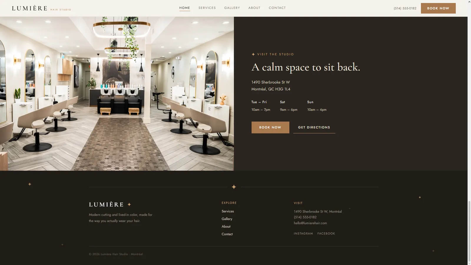 Lumière — studio location, hours and footer booking CTA