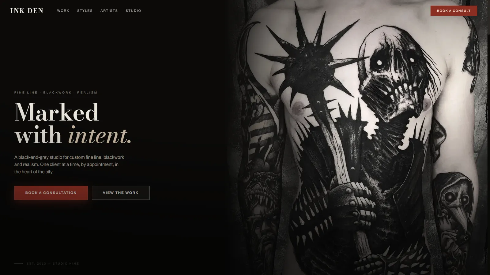 Ink Den homepage hero — 'Marked with intent', black-and-grey tattoo studio