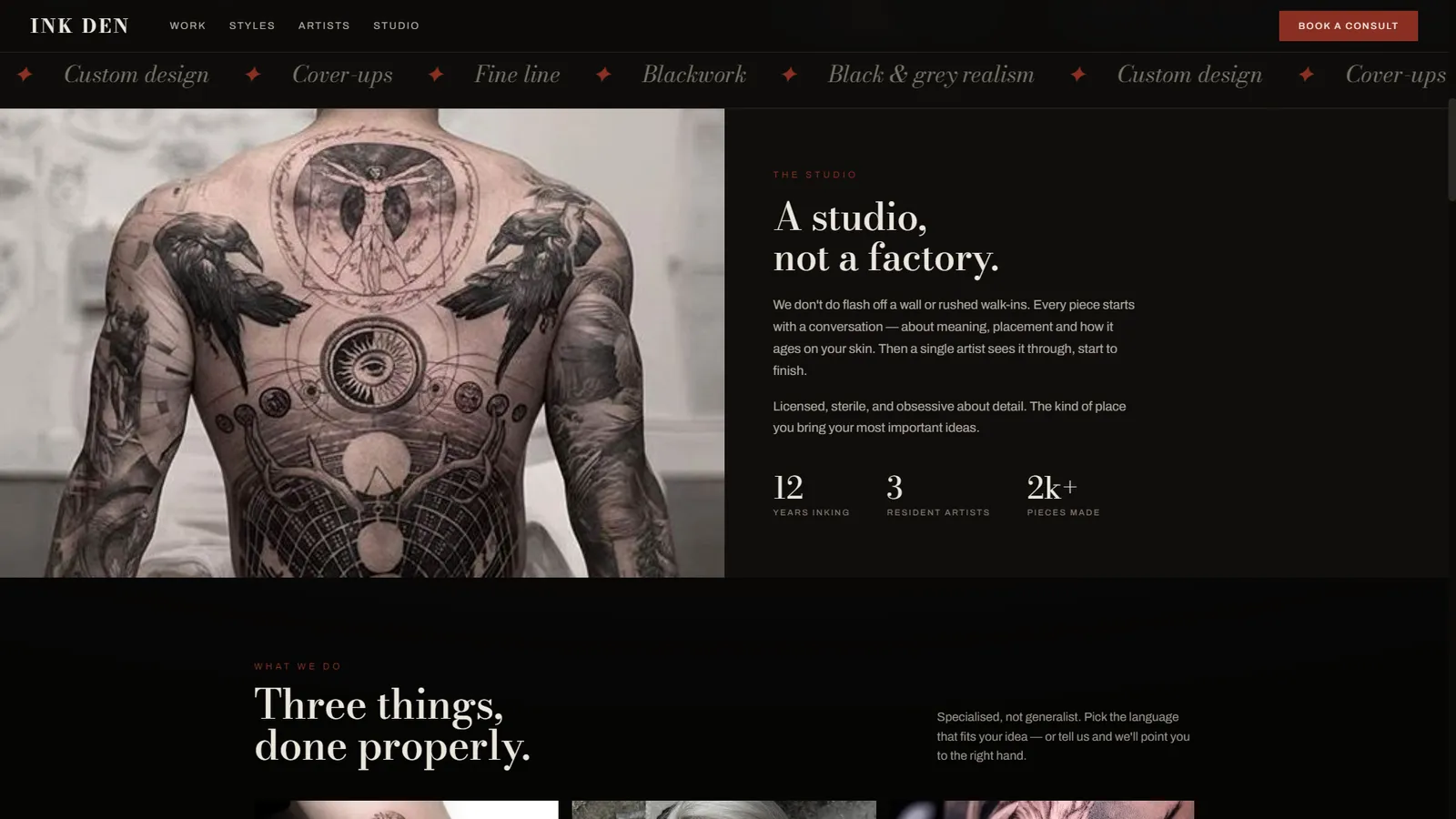 Ink Den — 'A studio, not a factory' intro section