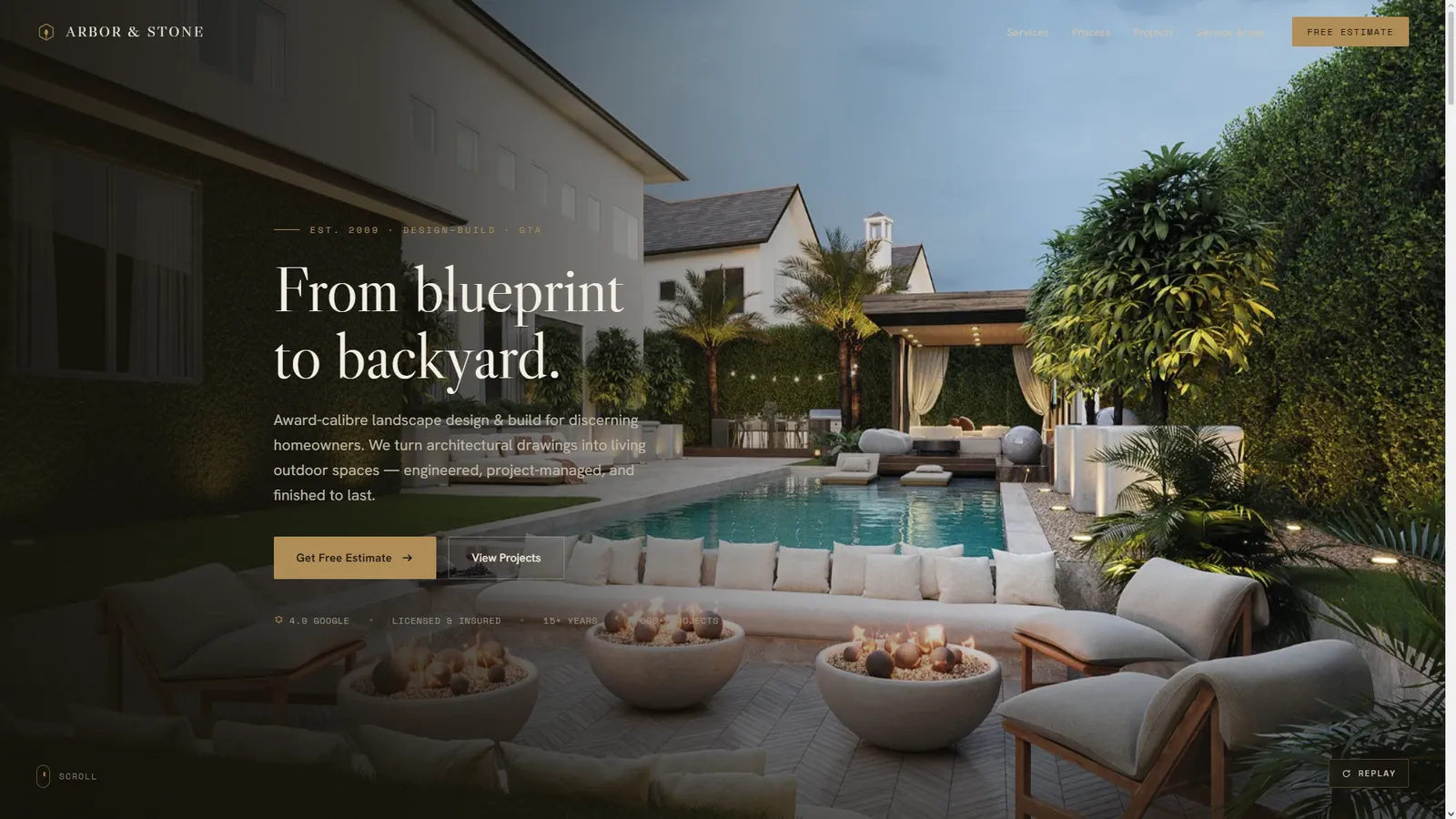 Arbor & Stone homepage hero — 'From blueprint to backyard'