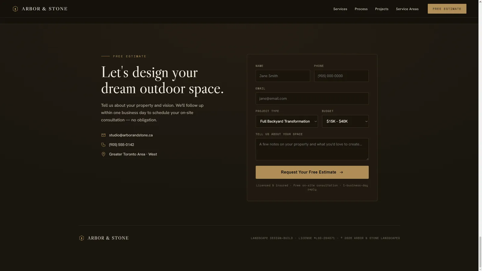 Arbor & Stone — 'Let's design your dream outdoor space' free-estimate form and footer
