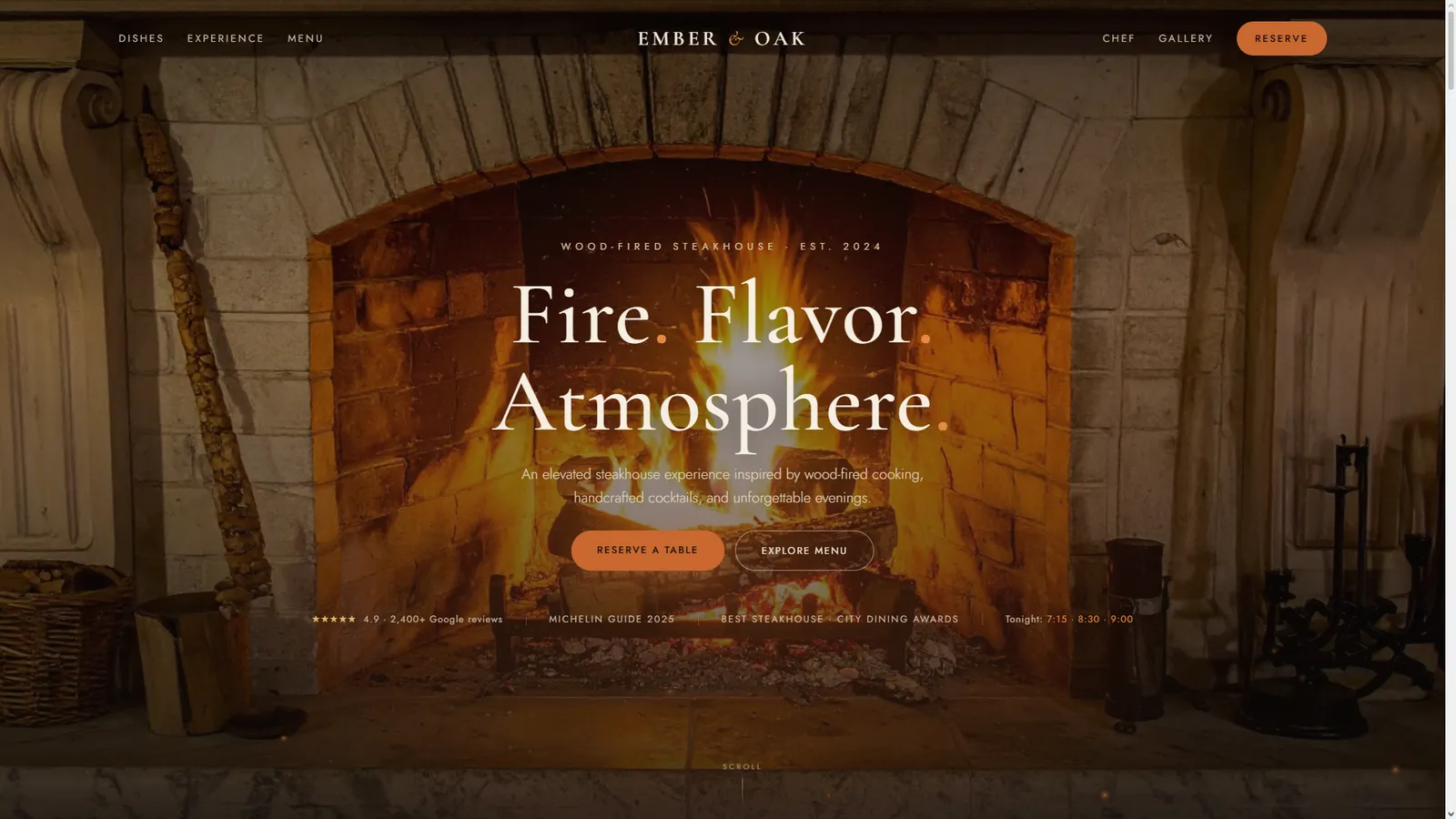 Ember & Oak homepage hero — 'Fire. Flavor. Atmosphere.'